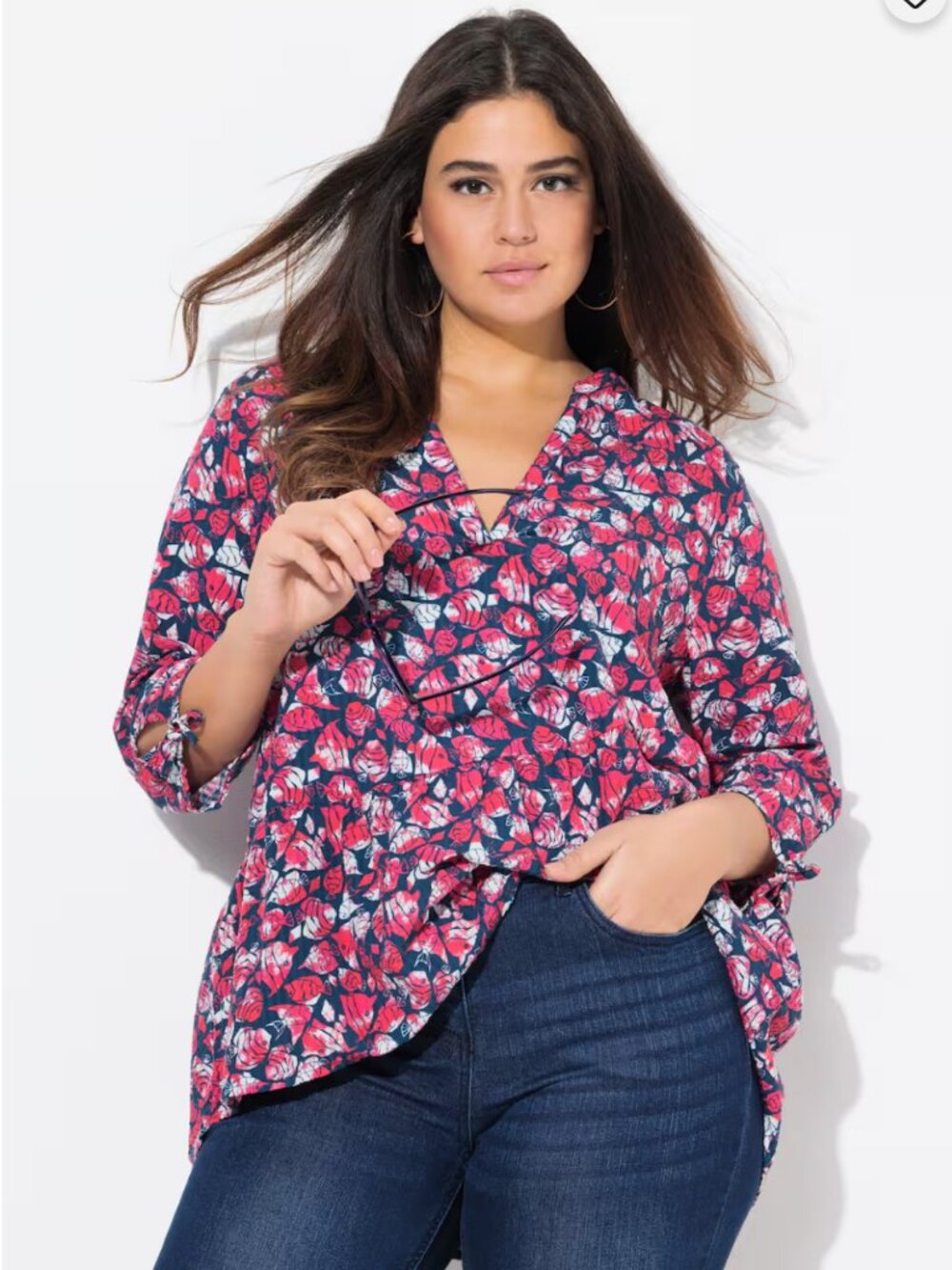 Ulla Popken Fish Print 3/4 Sleeve V-Neck Blouse